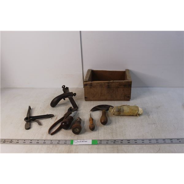 Vintage Tools- Caliper, Leather Press, Misc. & Wood Box