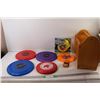 Image 1 : (5) Frisbees, Wooden Magazine Rack, Playpaint Shield Shooter