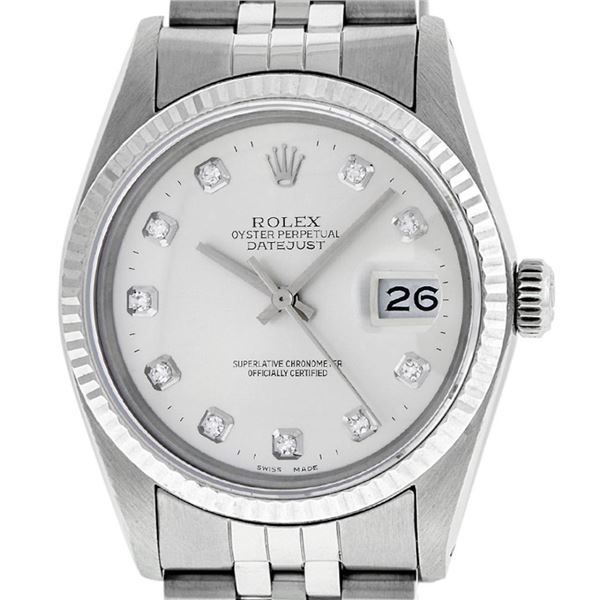 Rolex Mens Stainless Steel Silver Diamond Dial 36MM Datejust Wristwatch