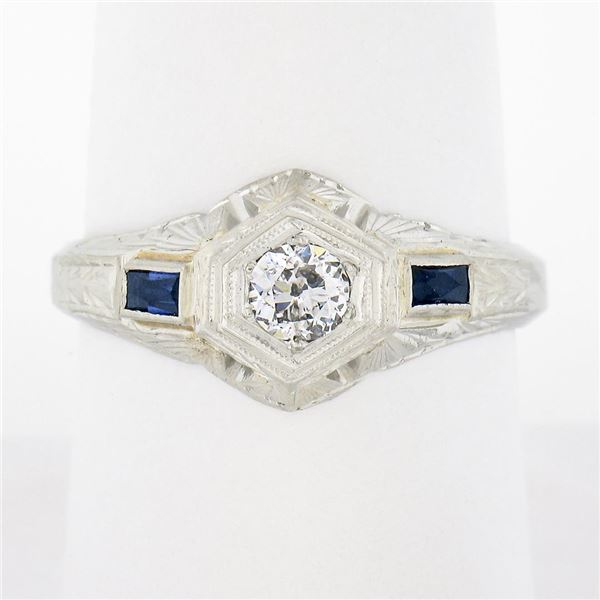 Unisex Antique Art Deco 18K Gold European Diamond Sapphire Hand Engraved Ring