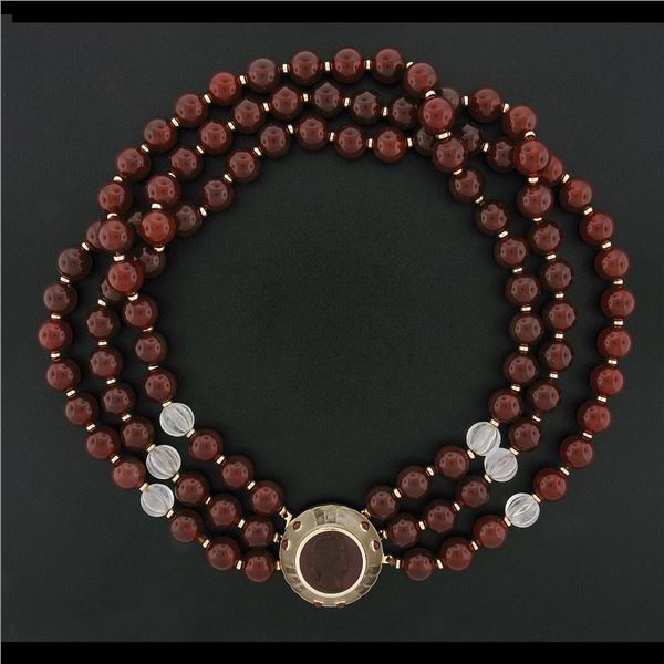 Trianon 3 Strand Carnelian & Rock Crystal Bead Necklace & Cameo 14k Gold Pendant