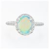 Image 3 : NEW 14K White Gold Oval Cabochon Opal Solitaire Round Diamond Halo Cluster Ring