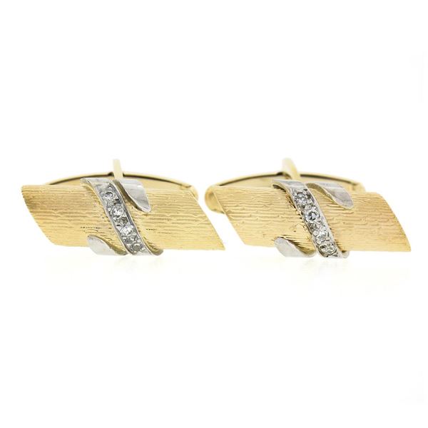 Men's 14K TT Gold 0.10 ctw Pave Diamond Textured Wrapped Bar Swivel Cuff Links