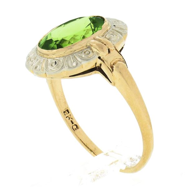 Antique 18K Gold 2.75 ctw Oval Bezel Peridot w/ Detailed Frame Solitaire Ring