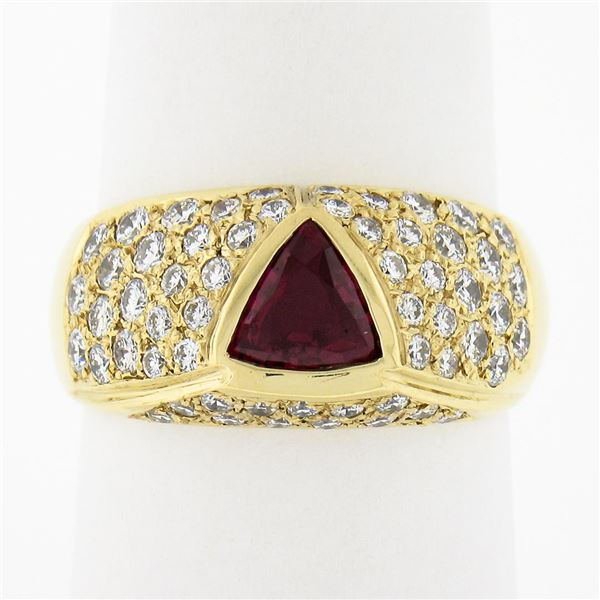 18K Yellow Gold GIA Bezel Triangular Ruby Solitaire Pave Diamond Dome Band Ring