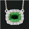 Image 5 : NEW Plat. 18k Gold GIA Cushion Tsavorite Solitaire Diamond Halo Pendant Necklace