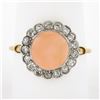 Antique Edwardian 18K Gold Platinum Button Angel Skin Coral w/ Diamond Halo Ring