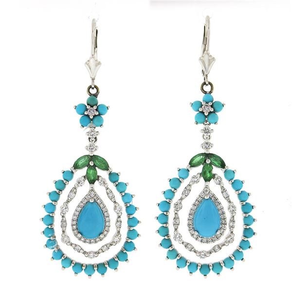 18K White Gold 1.70 ctw Turquoise Emerald & Diamond Tear Drop Dangle Earrings
