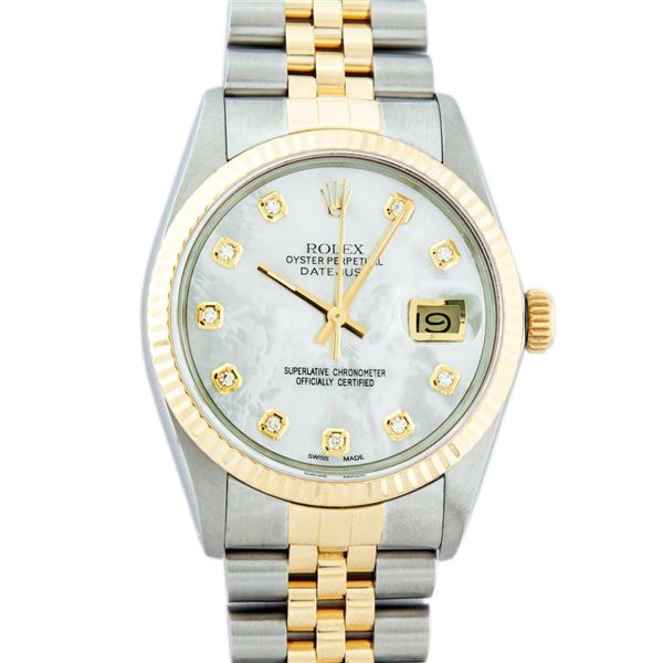 Rolex Mens Two Tone Yellow Gold And Stainless Steel White Diamond 36MM Datejust