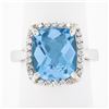 Image 1 : 14k White Gold Cushion Checkerboard Swiss Blue Topaz Diamond Halo Cocktail Ring