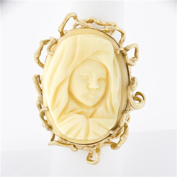 Vintage 14k Gold Carved Oval Nun Cameo Open Freeform Nugget Textured Ring