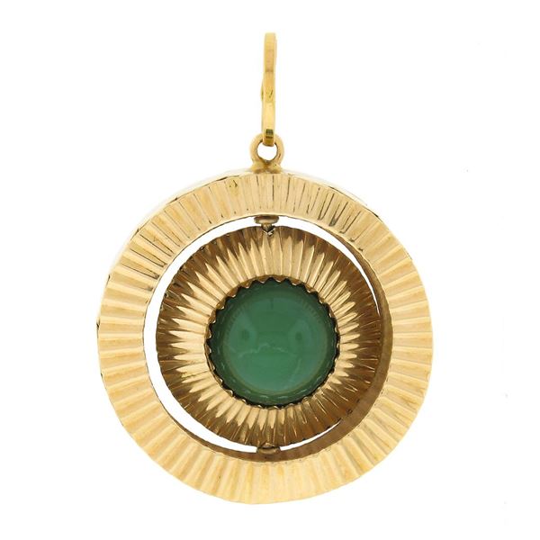 Antique Handmade 18k Gold Prong Round Cabochon Green Stone Fluted Swivel Pendant