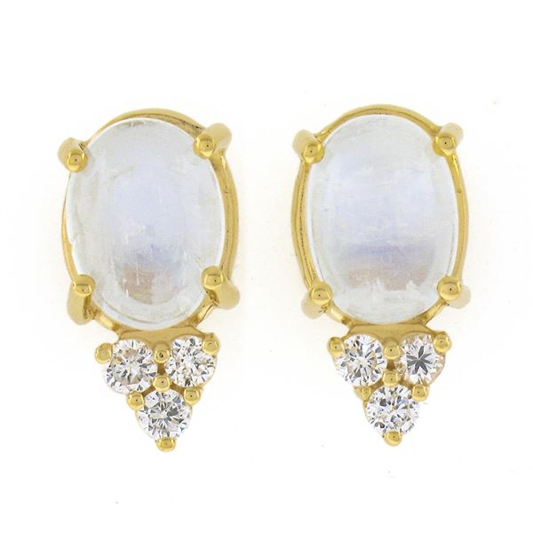 14K Yellow Gold Oval Cabochon Blue Moonstone Diamond Cluster Drop Stud Earrings