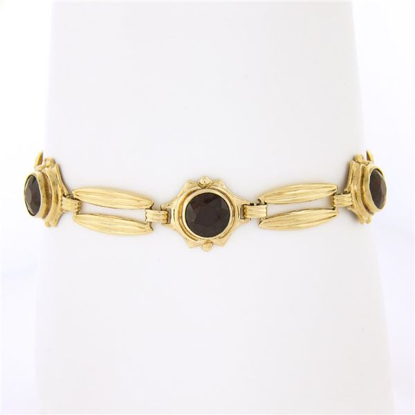 Vintage Retro 14K Yellow Gold 6.75" Bezel Garnet Grooved Bullet Link Bracelet