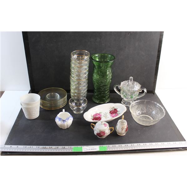 Green Glass Vase, Cream & Sugar Set, Small Glass Plates, Cups, Candy Dish, Bowl and Serving Tray