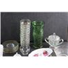 Image 2 : Green Glass Vase, Cream & Sugar Set, Small Glass Plates, Cups, Candy Dish, Bowl and Serving Tray