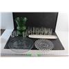 Image 1 : Green Glass Vase, Glass Platters, Ceramic Serving Tray and Glass Juice Glasses