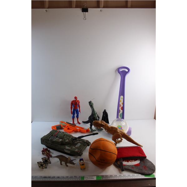 Nerd Gun, Tank Toy, Basketball, Spider Man and Dart Wader Toys, Christmas Sock and Misc.