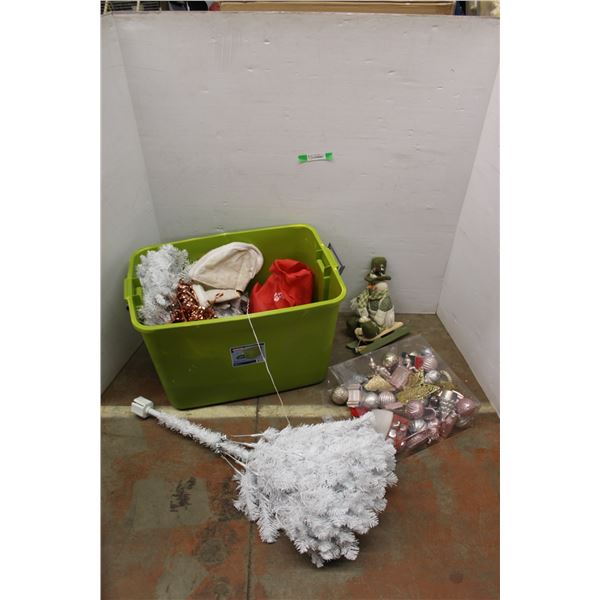 *Large Plastic Tote, Artificial Christmas Tree and Christmas Ornaments