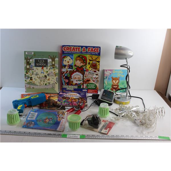 Kids Books, Desk Lamp, Tupperware Cups, Nerd Gun, Christmas Ornaments and Misc.
