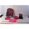 Image 1 : Spiderman Backpack- As Is, Thinsulate Child Size 8 Winter Boots, (2) Neck Warmers, Mitts Size 2-6 ye