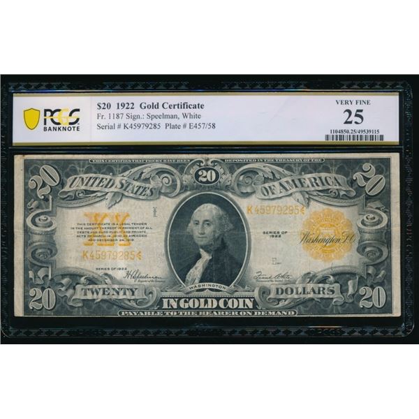 1922 $20 Gold Certificate PCGS 25
