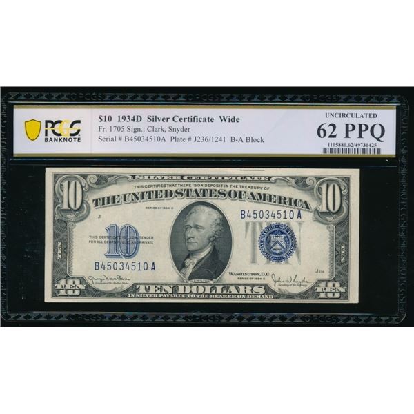 1934D $10 Silver Certificate PCGS 62PPQ