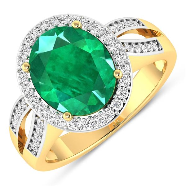 14KT Yellow Gold 3.14ctw Zambian Emerald and Diamond Ring