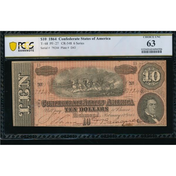 1864 $10 T-68 Confederate PCGS 63