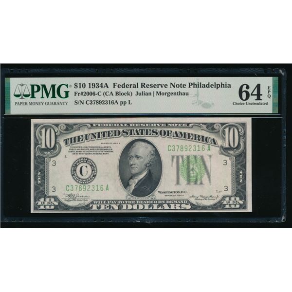 1934A $10 Philadelphia FRN PMG 64EPQ