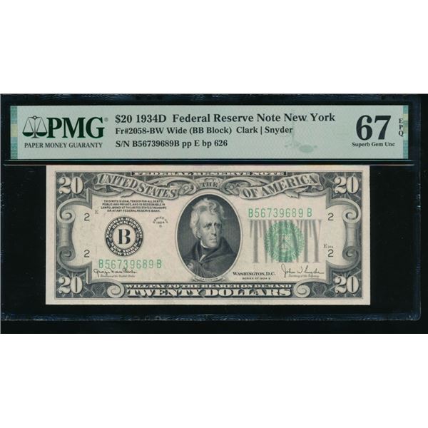 1934D $20 New York FRN PMG 67EPQ