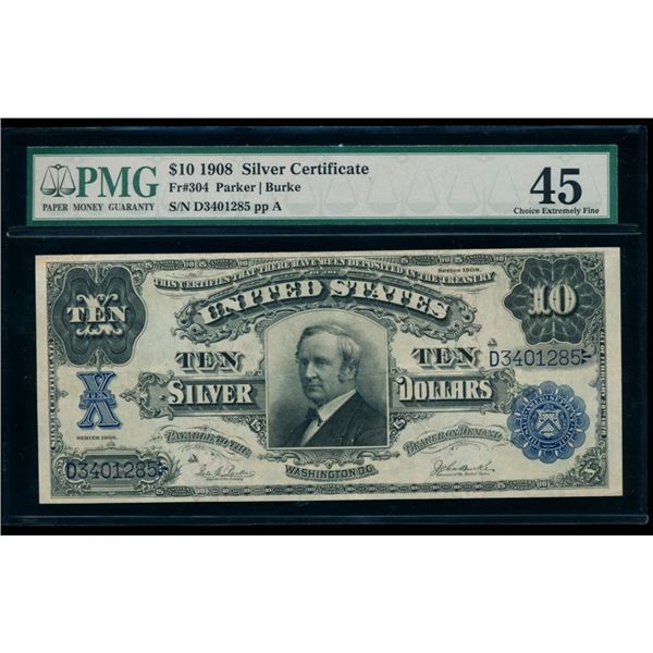 1908 $10 Tombstone Silver Certificate PMG 45