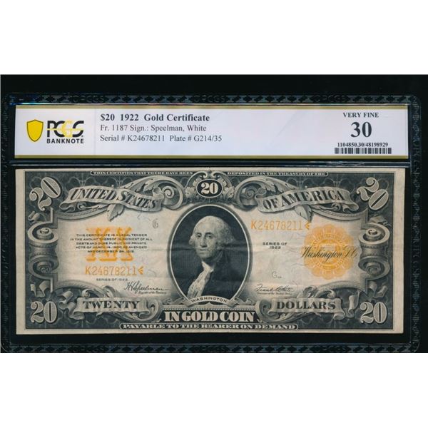 1922 $20 Gold Certificate PCGS 30