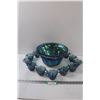 Image 1 : Blue Iridescent Carnival Glass Punch Bowl & Cups Set - (11 Cups)