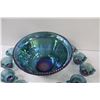 Image 4 : Blue Iridescent Carnival Glass Punch Bowl & Cups Set - (11 Cups)