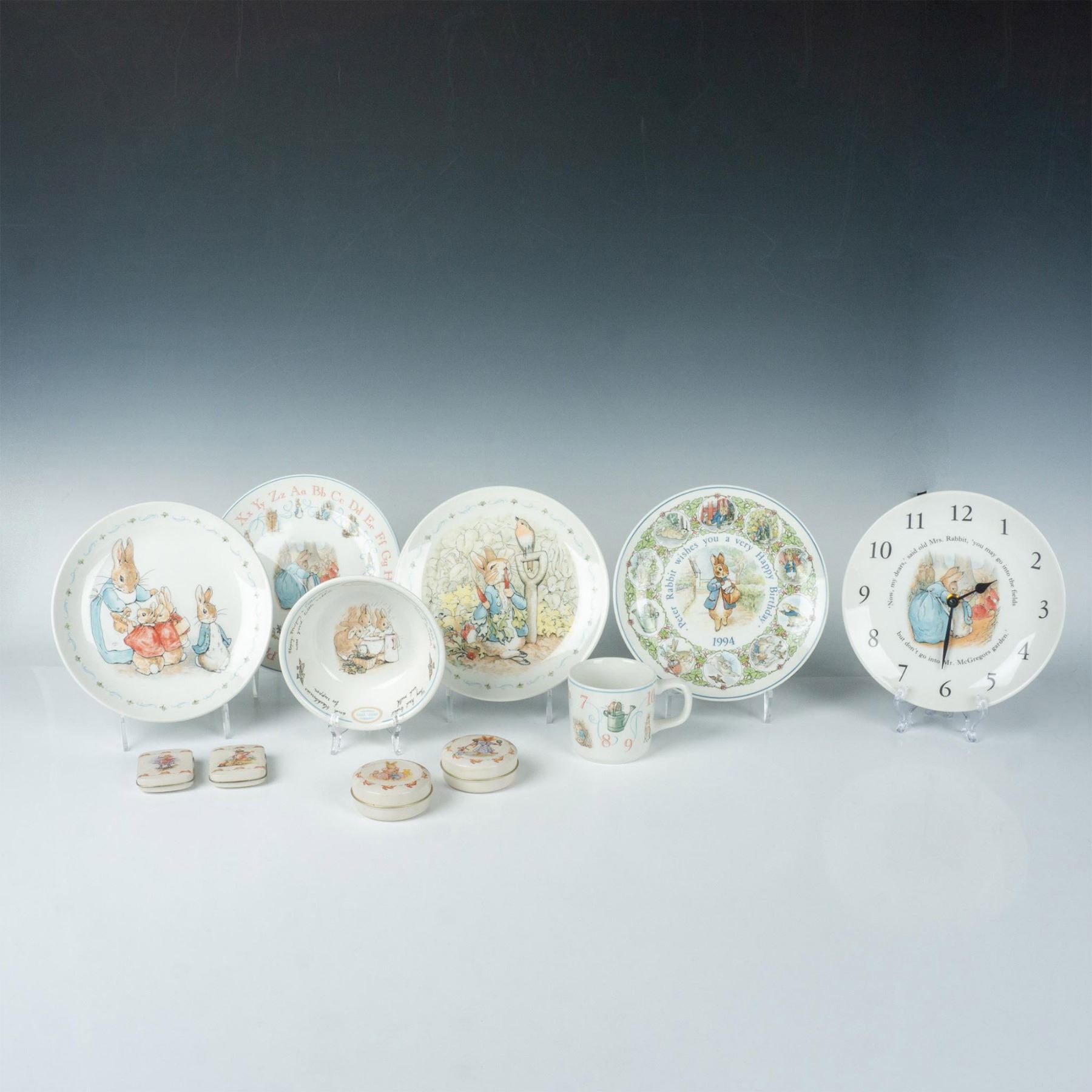 11pc Wedgwood Peter Rabbit Tableware, Clock + Treasure Tins