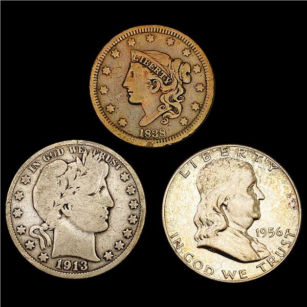 1838-1956 Varied US Coinage Lot [3 Coins] HIGH GRADE