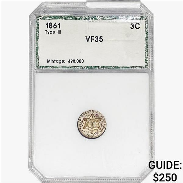 1861 Silver Three Cent PCI VF35 Ty III