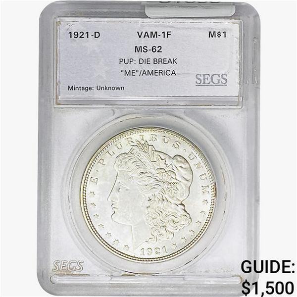1921-D Morgan Silver Dollar SEGS MS62 VAM-1F