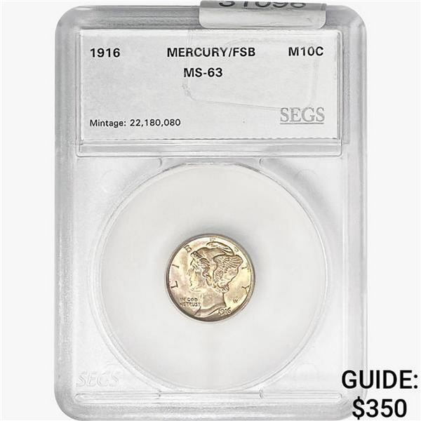 1916 Mercury Silver Dime SEGS MS63 FSB
