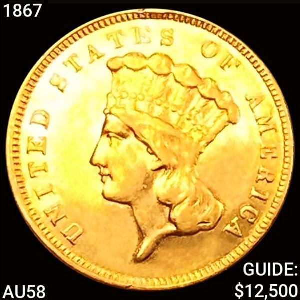 1867 $3 Gold Piece CHOICE AU