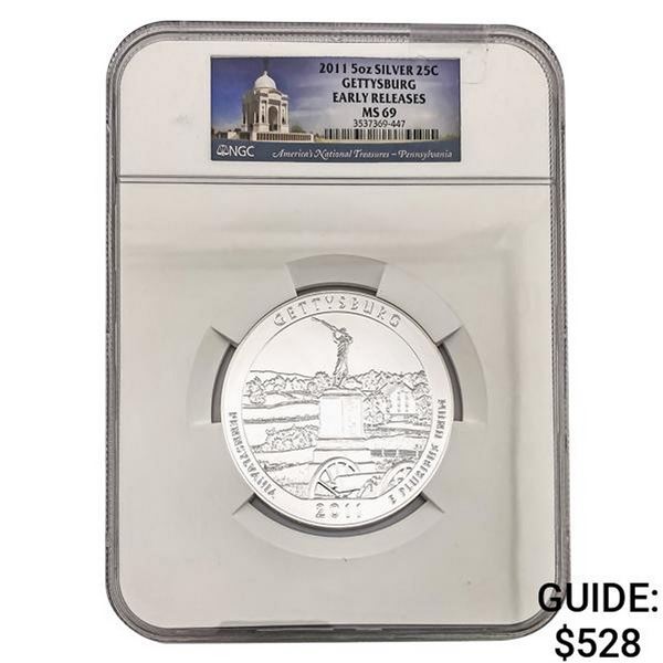 2011 5oz Silver 25C Gettysburg  NGC MS69