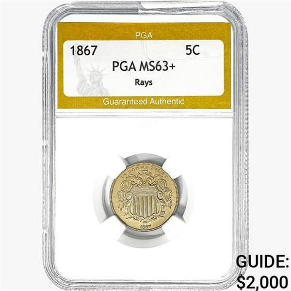 1867 Shield Nickel PGA MS63+ RAYS