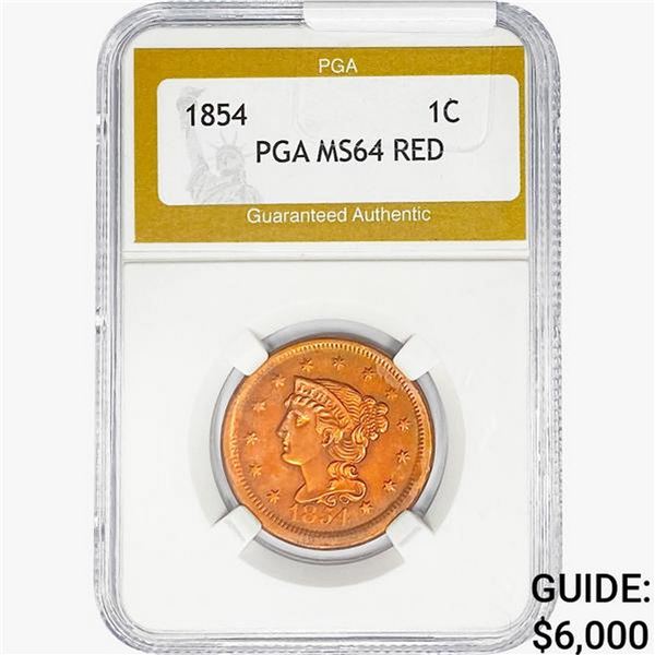 1854 Braided Hair Large Cent PGA MS64 RED