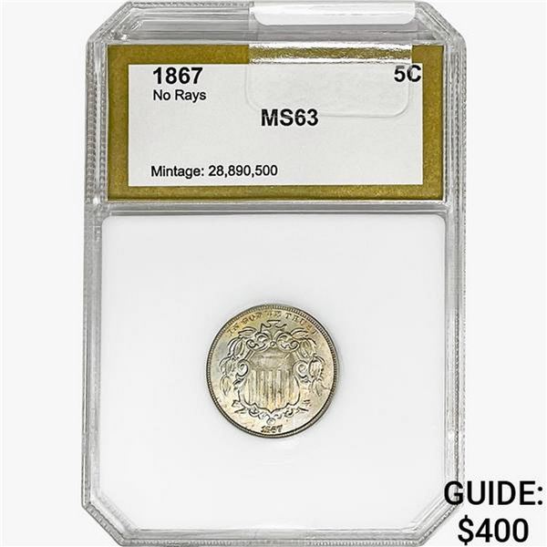 1867 Shield Nickel PCI MS63 No Rays