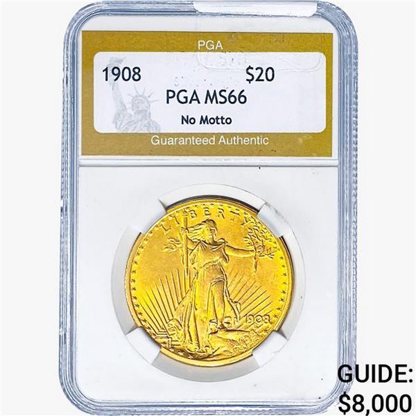 1908 $20 Gold Double Eagle PGA MS66 NO MOTTO