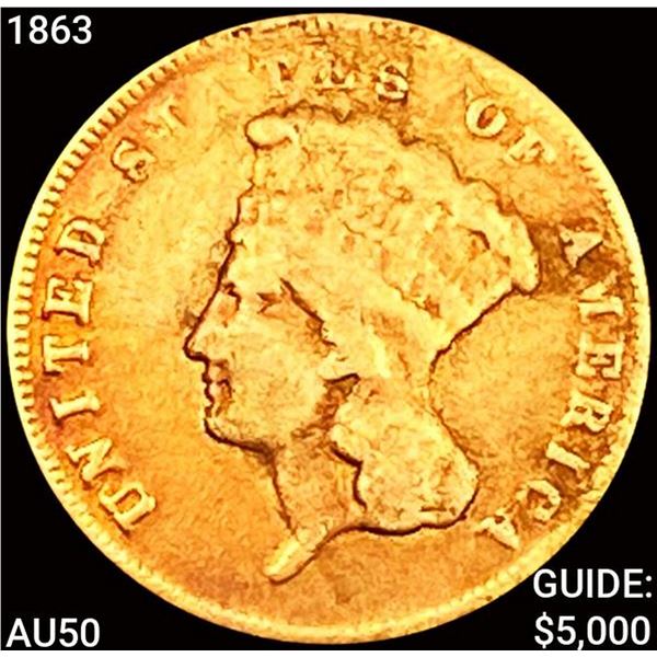1863 $3 Gold Piece CLOSELY UNCIRCULATED