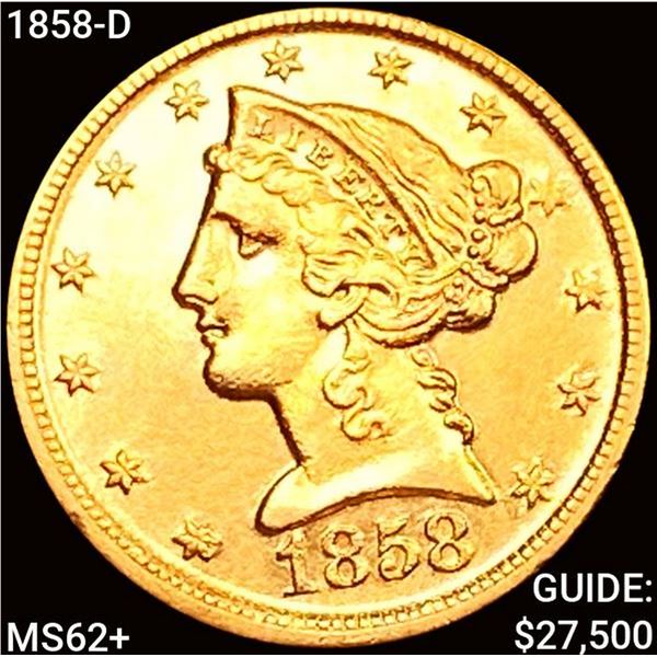 1858-D $5 Gold Half Eagle UNCIRCULATED +