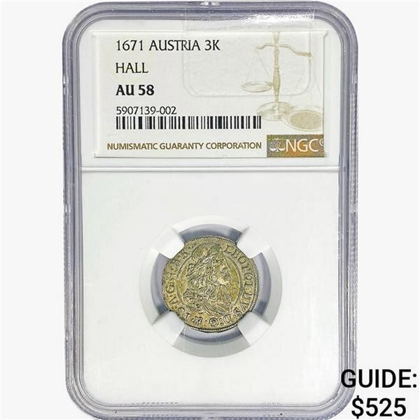 1671 Austria 3 Kreuzer Hall .0519oz. SILV NGC AU58