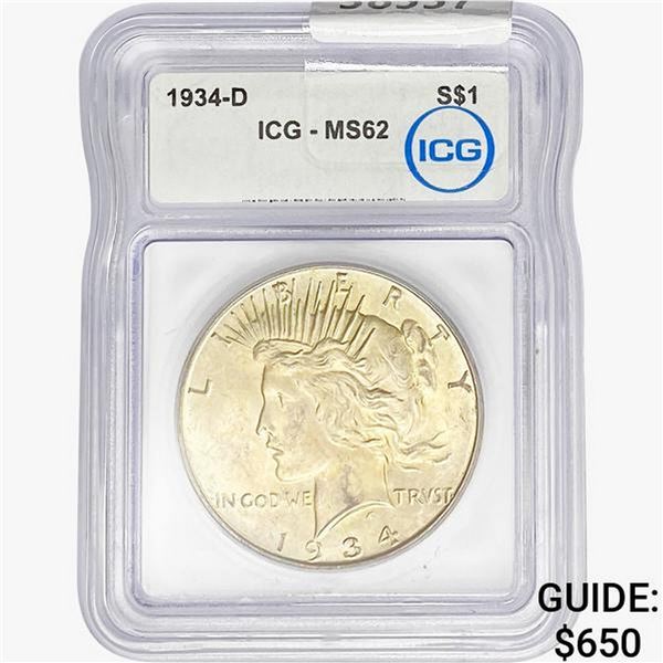 1934-D Silver Peace Dollar ICG MS62